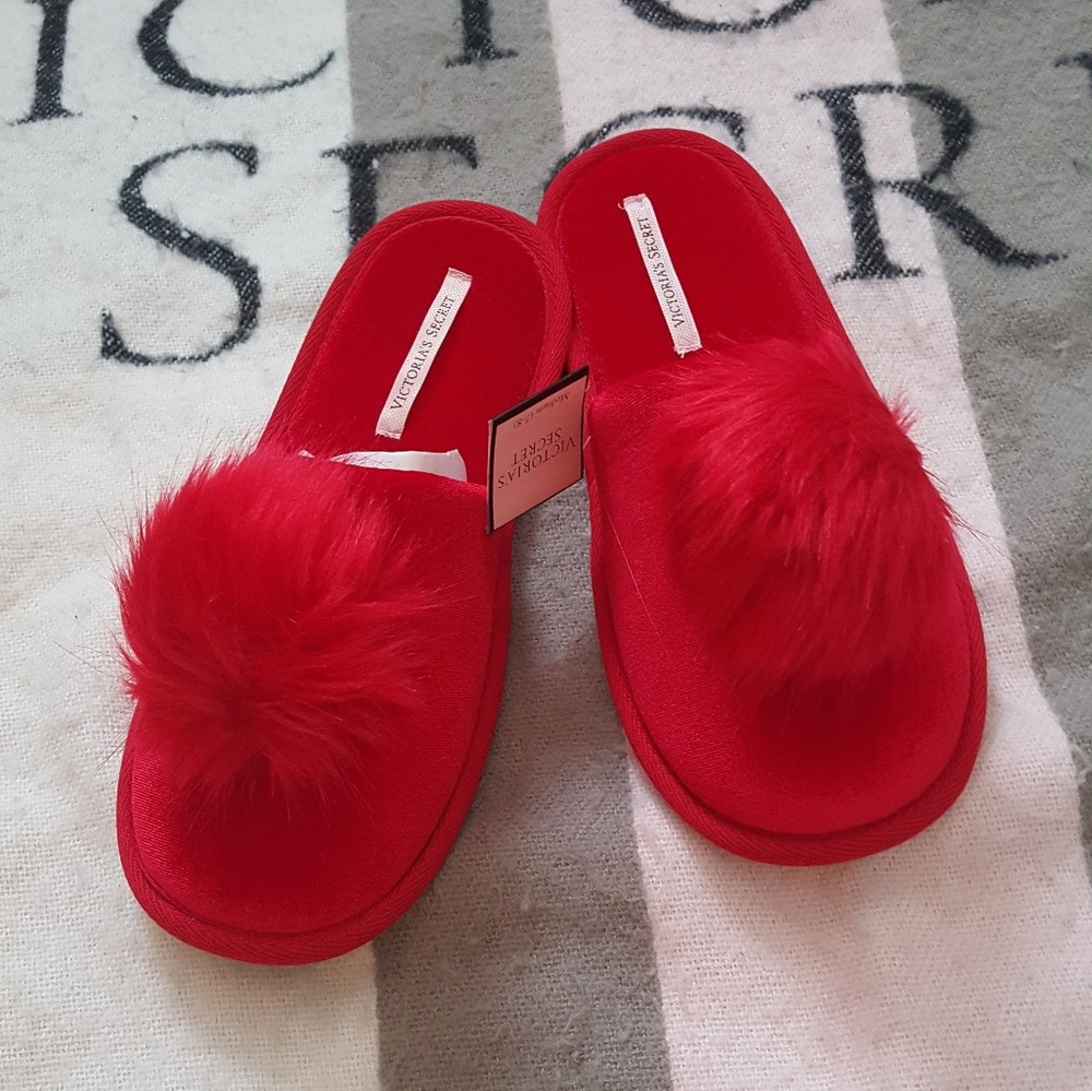 Victoria's Secret Red Furry Pompom Plush Slippers